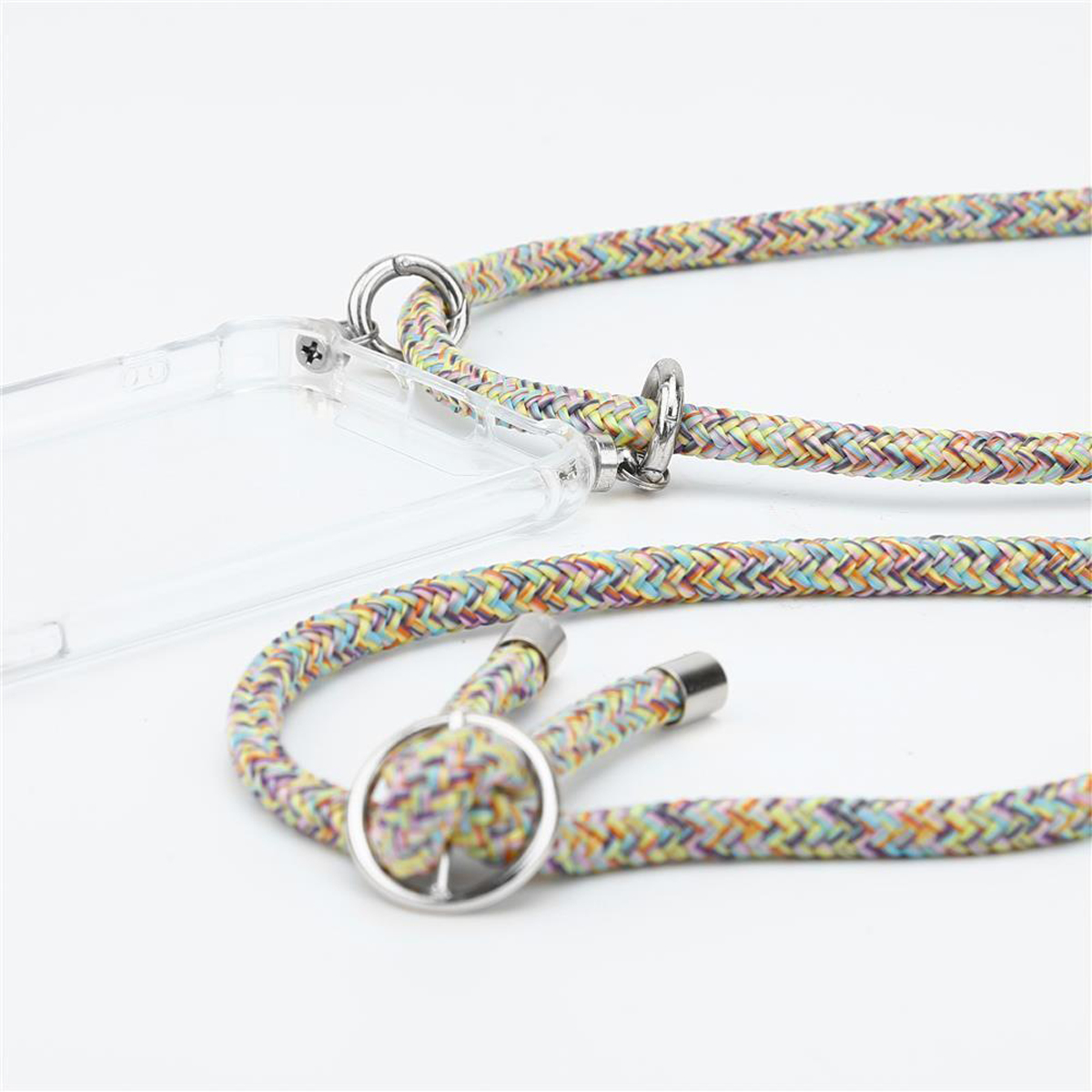 Custodia trasparente per telefono con cinturino in corda colorata. Anello e connettore in metallo.