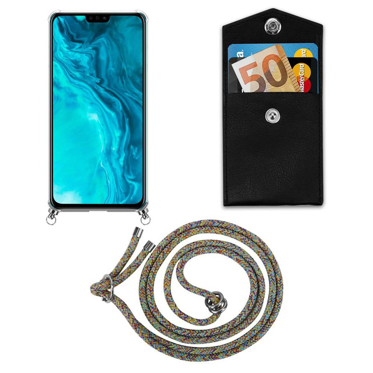 Telefono, portafoglio con carte e 50 euro e corda colorata. Tutto su sfondo bianco.