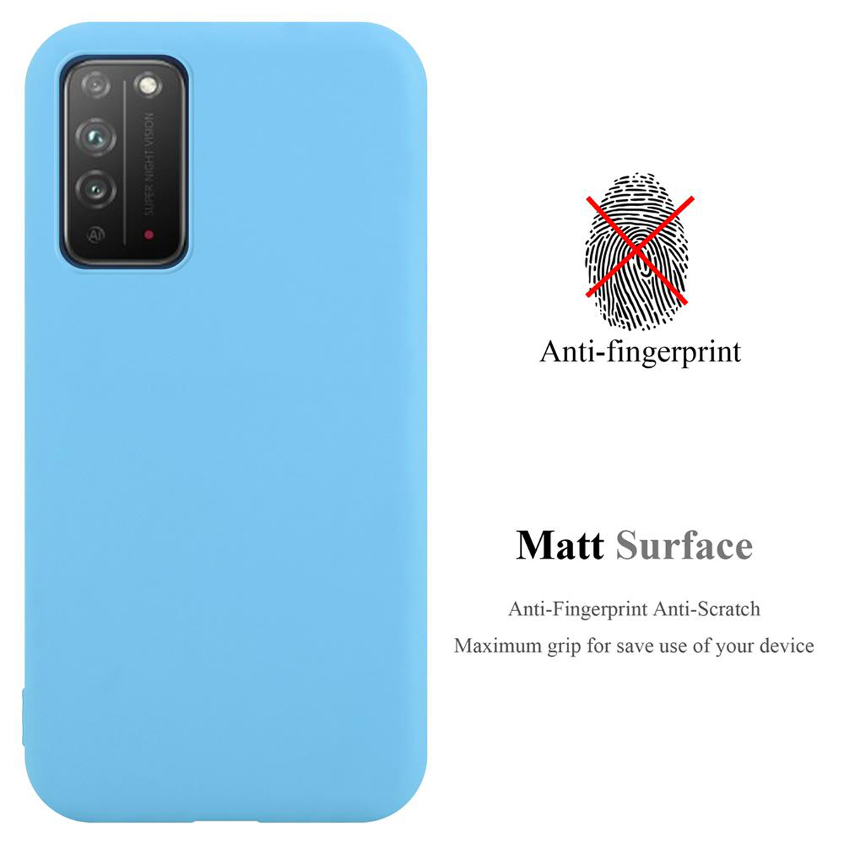 Hellblaue Handyhülle mit Anti-Fingerprint-Text und Fingerabdruckbild.