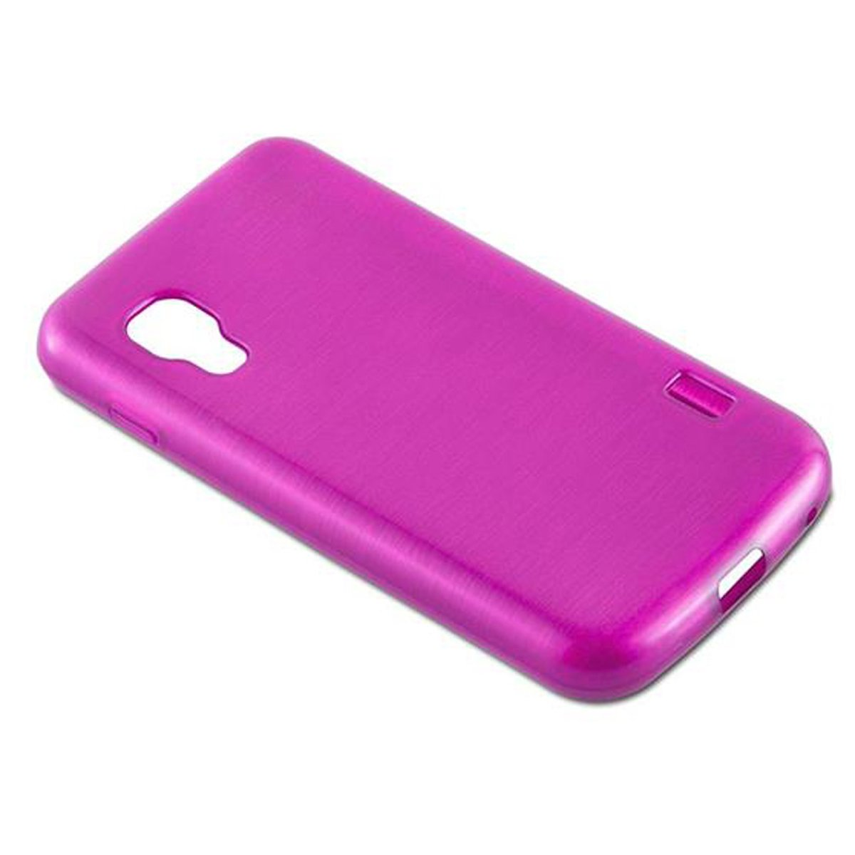 Funda rosa con acabado metálico cepillado.