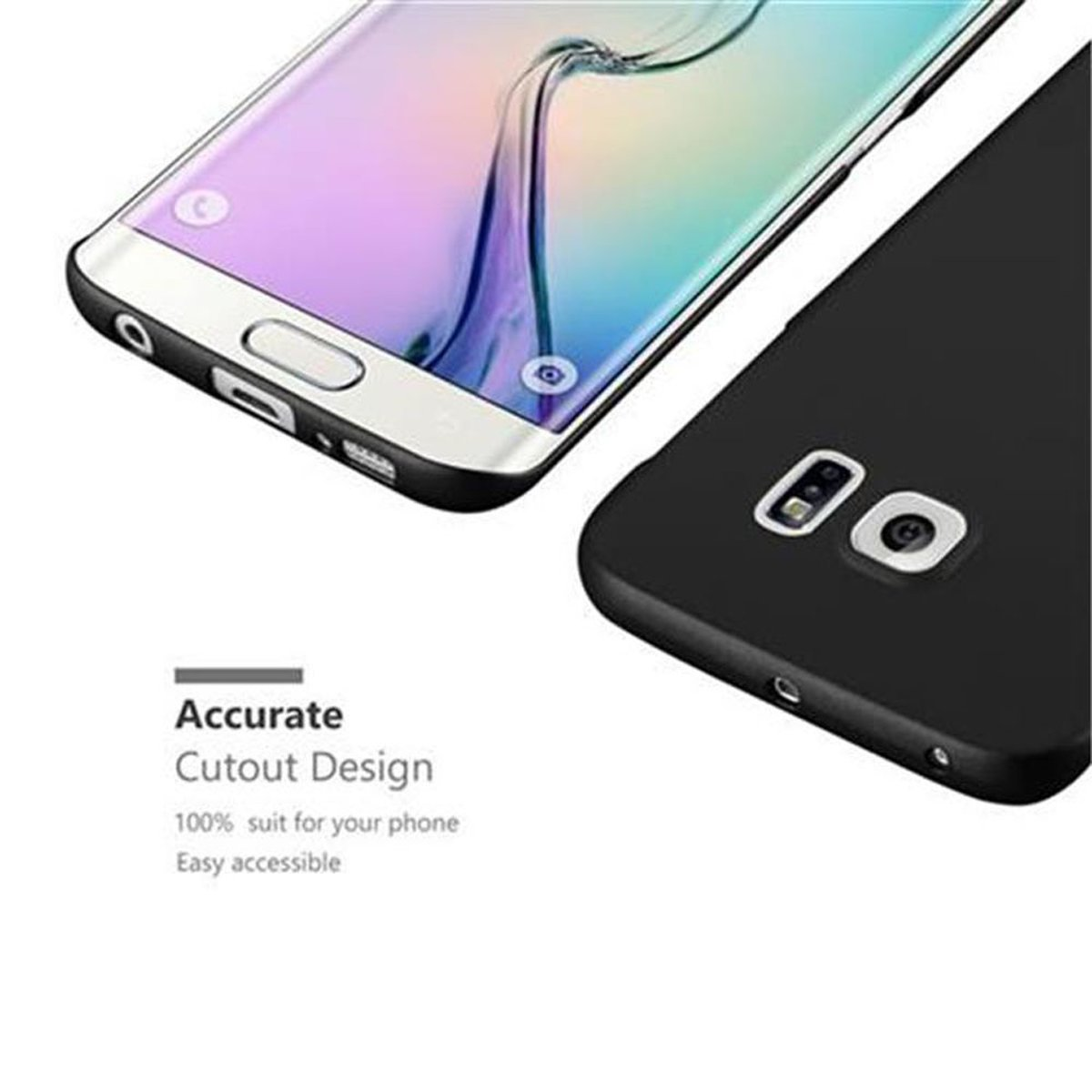 Telefono che mostra la parte anteriore e posteriore, in una custodia. Testo: Design di ritaglio accurato, 100% adatto al tuo telefono.