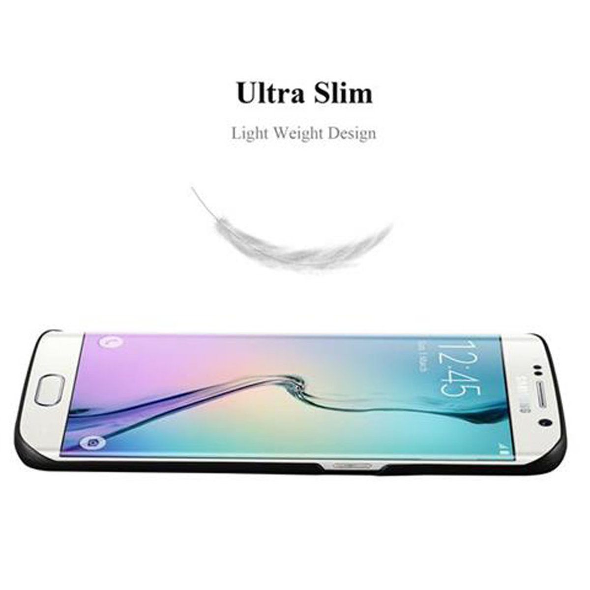 Un telefono bianco mostra uno schermo colorato. Il testo sopra dice 'Ultra Slim Light Weight Design'.