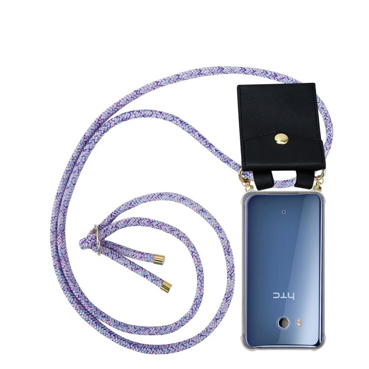 Handyhülle mit Lanyard. Lila und weißes Seil, schwarzer Telefonhalter, transparente Handyhülle.