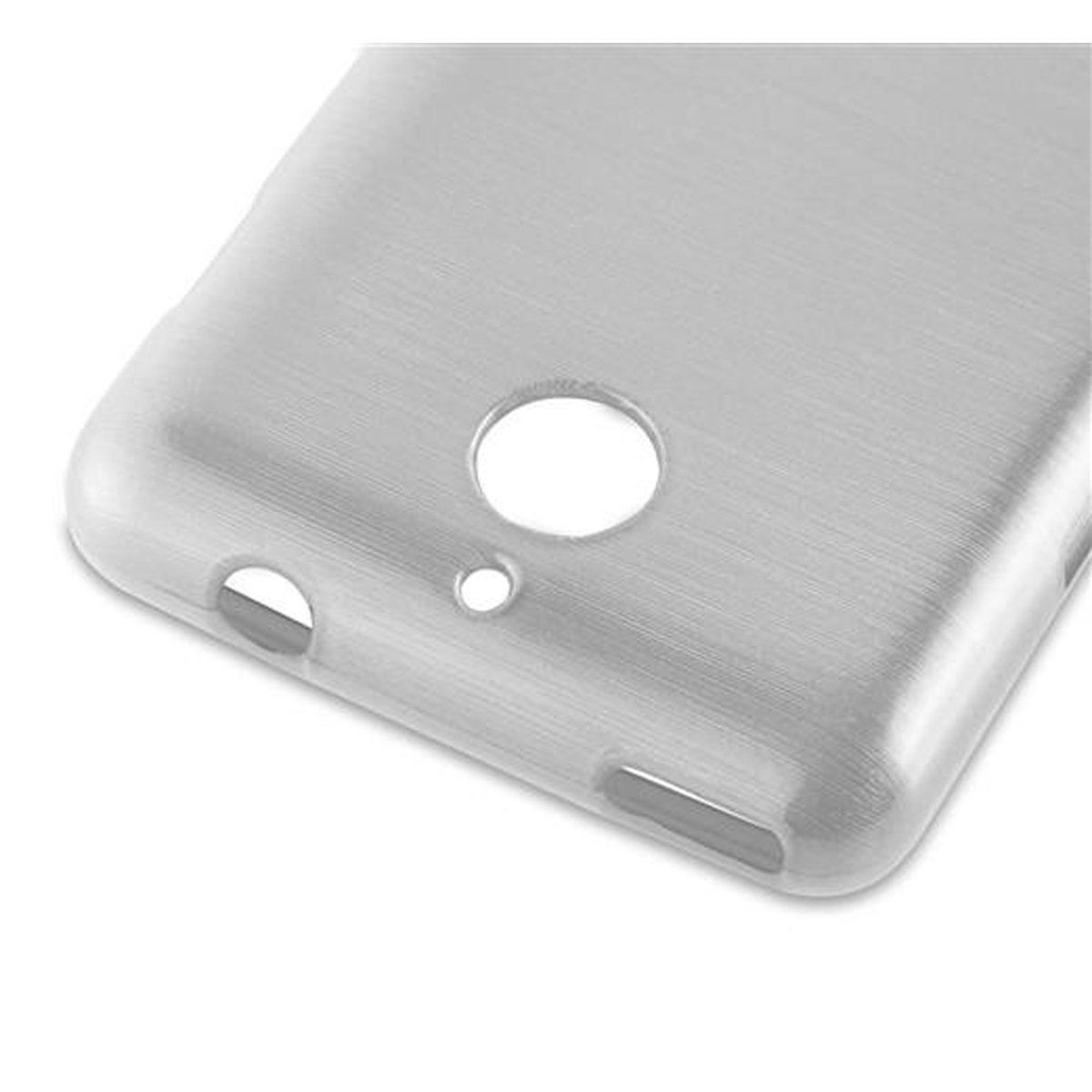Funda plateada con recortes para botones. Se muestra la parte trasera de la funda.
