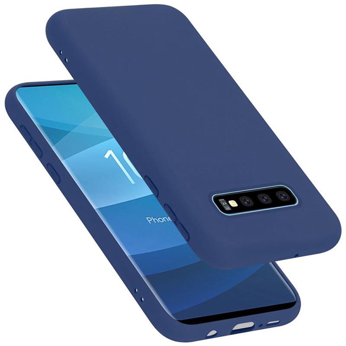 Eine blaue Handyhülle mit dem Telefon darin, leicht angewinkelt.