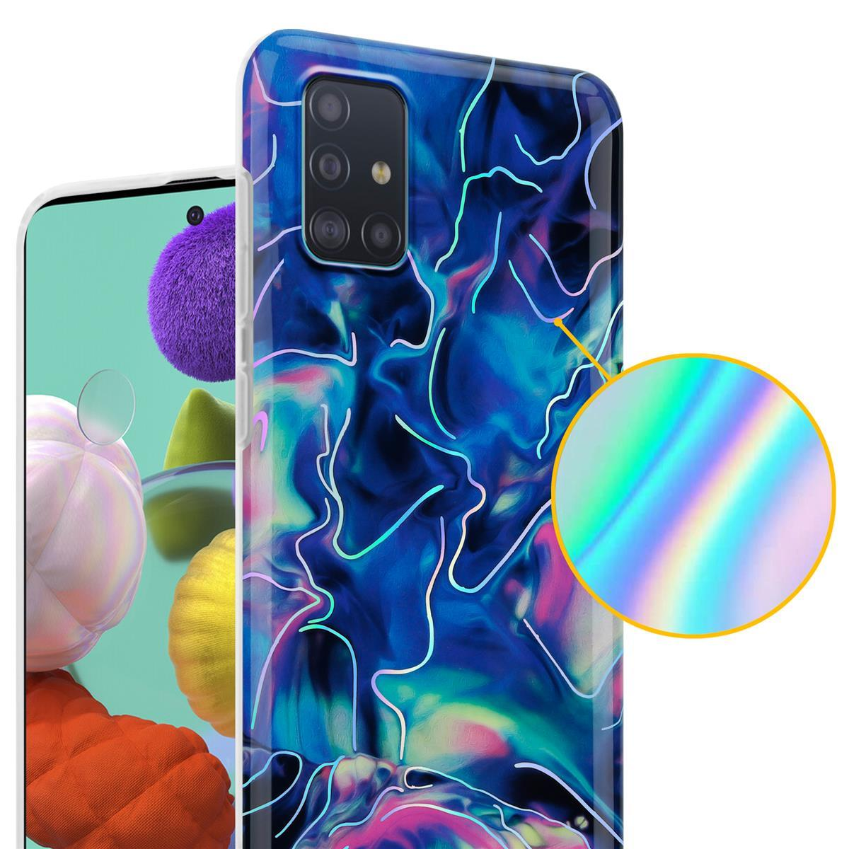 Custodia per telefono con motivo blu e bianco. Una vista dettagliata mostra un effetto arcobaleno.