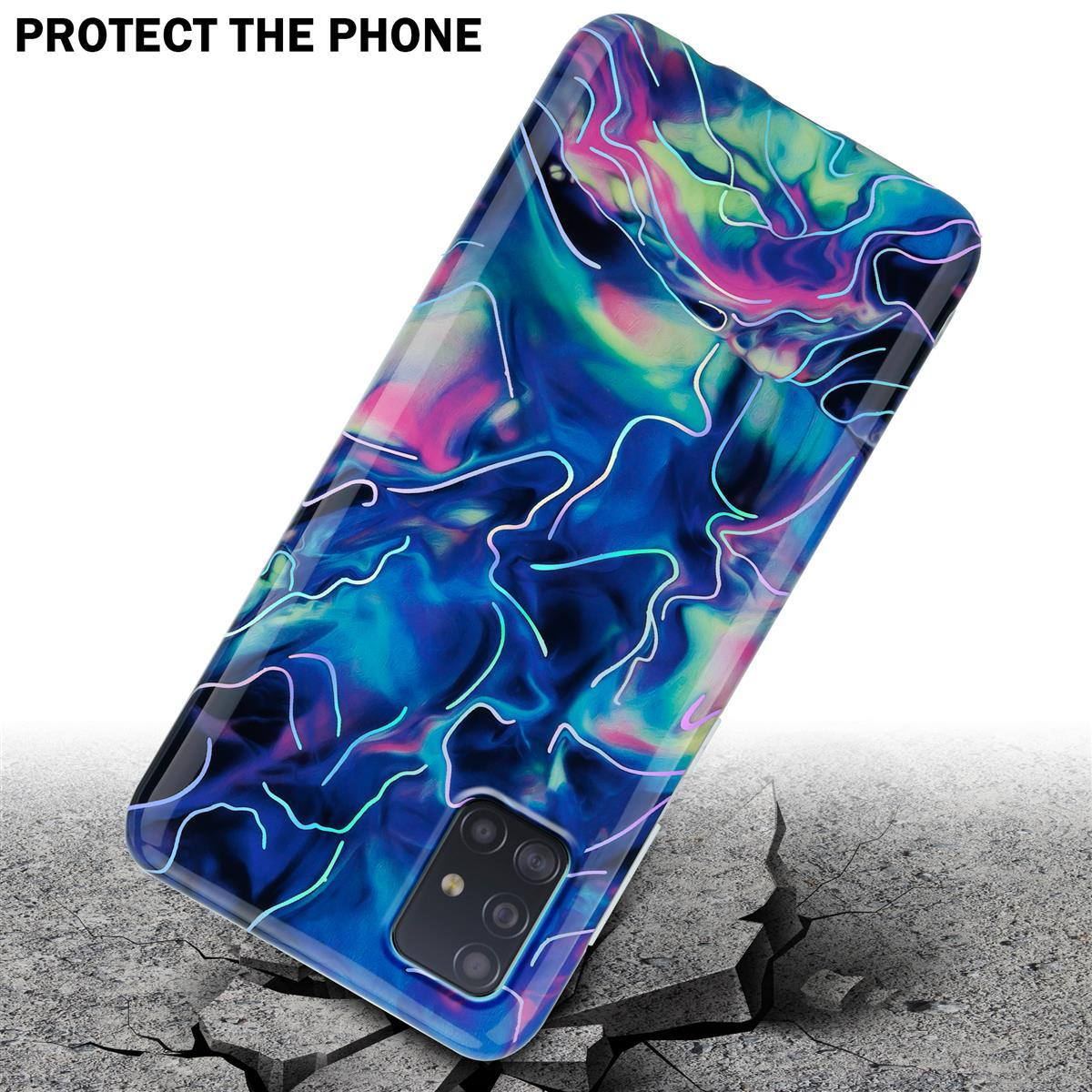 Custodia con design astratto blu e rosa. Il terreno presenta delle crepe.