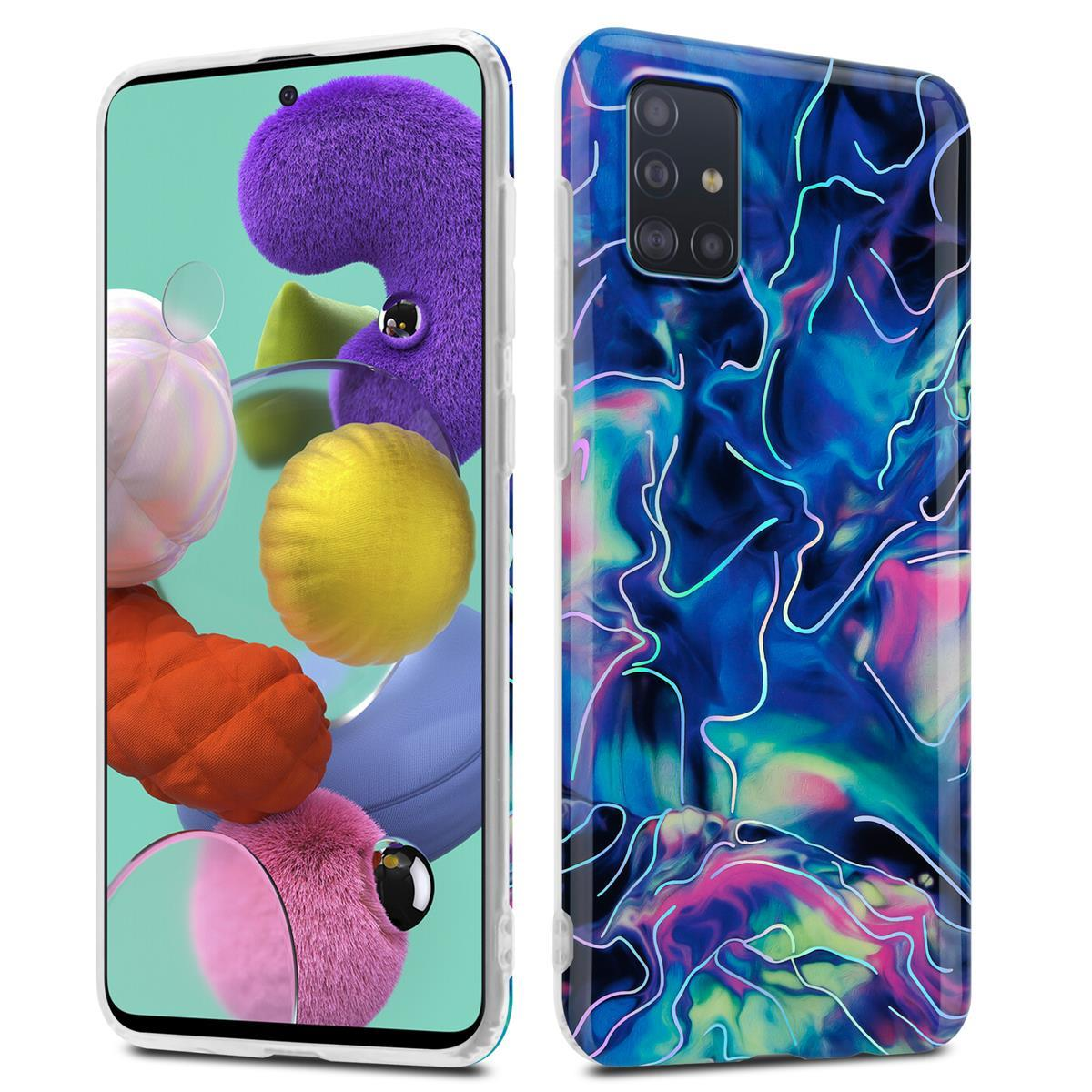 Due custodie per telefono. Una con un design viola e l'altra con un design blu e rosa.
