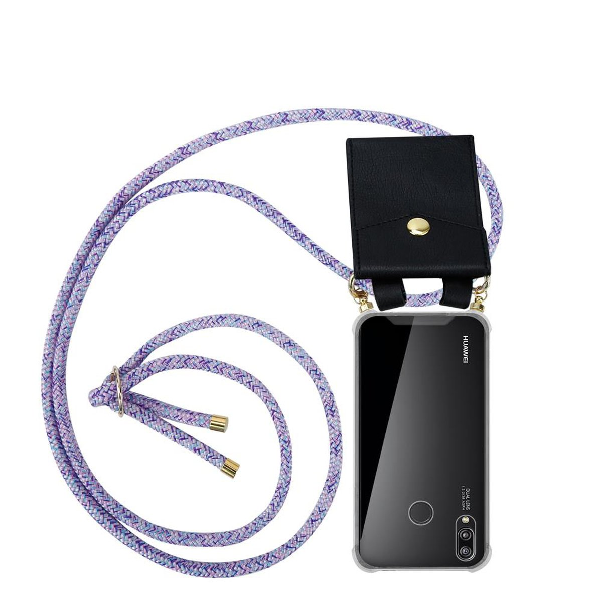 Telefono con un cinturino viola e blu. Un supporto nero è attaccato al telefono.