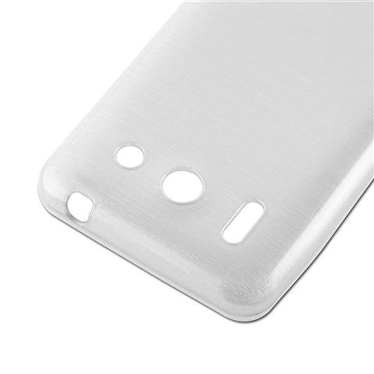 Custodia per telefono bianca con porte e fori, sfondo bianco.