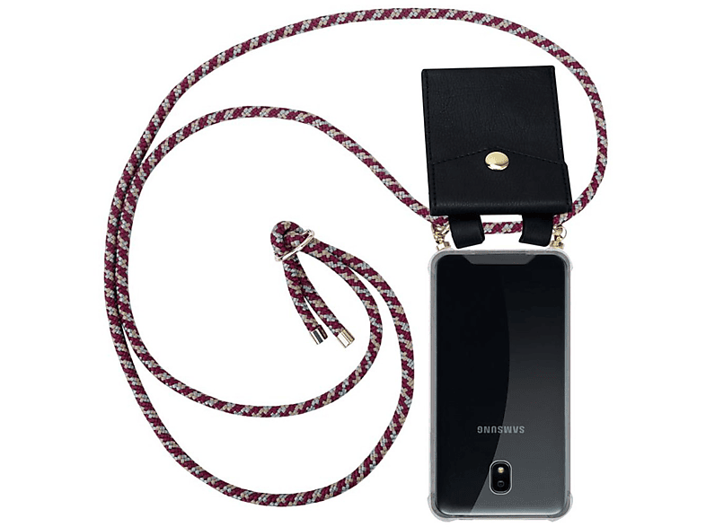 CADORABO Handy Kette mit Gold Ringen, Kordel Band und abnehmbarer Hülle, Backcover, Samsung, Galaxy J3 2018, ROT GELB WEIß