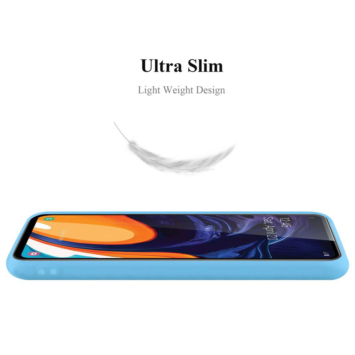 Custodia per telefono blu. La custodia è blu e una piuma vi galleggia sopra. Il testo dice "Ultra Slim" e "Light Weight".