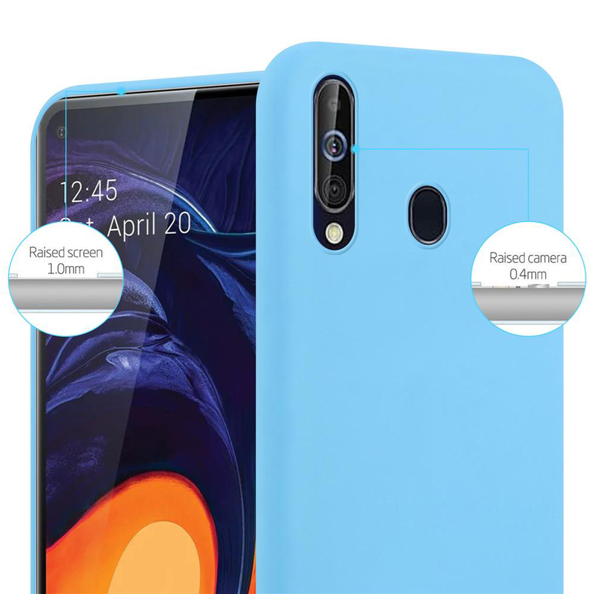 Custodia blu per telefono su un telefono. Mostra schermo e fotocamera rialzati. Il telefono mostra l'ora e la data.
