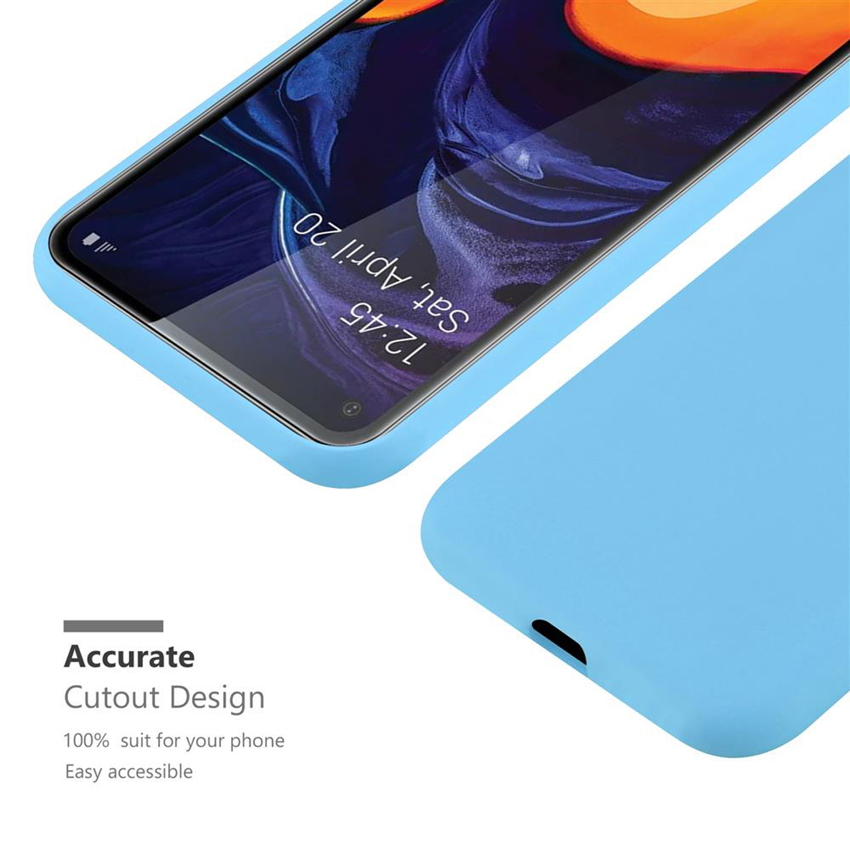 Telefono in custodia blu. Testo: 'Accurate Cutout Design', '100% adatto', 'Facilmente accessibile'.