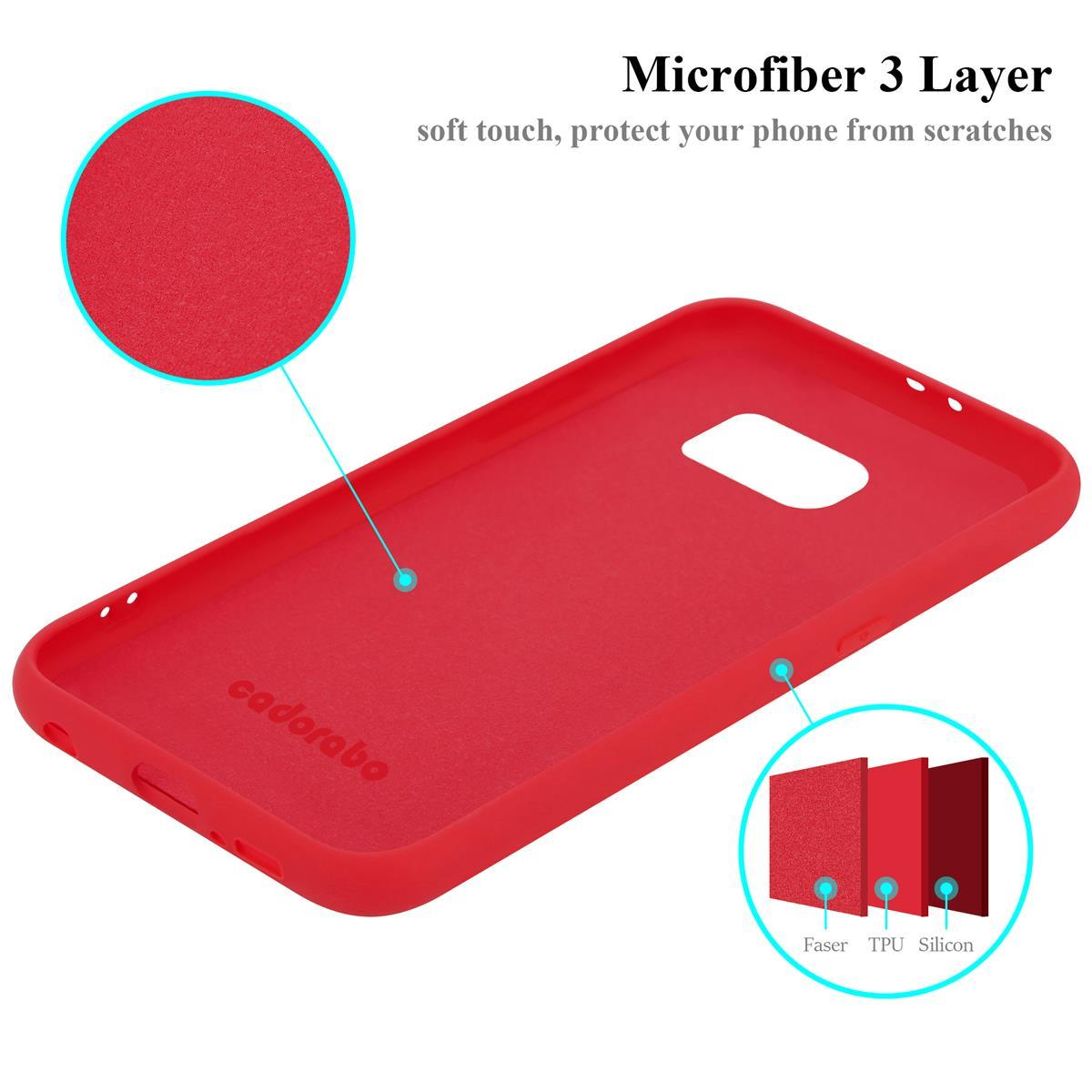 Innenansicht einer roten Handyhülle mit 3-lagiger Mikrofaser-Konstruktion, Soft-Touch und Schutz.