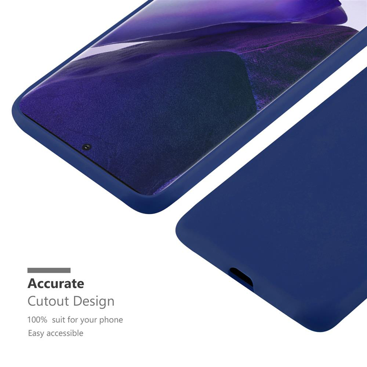 Custodia blu con telefono dentro, testo indica design con ritaglio preciso.
