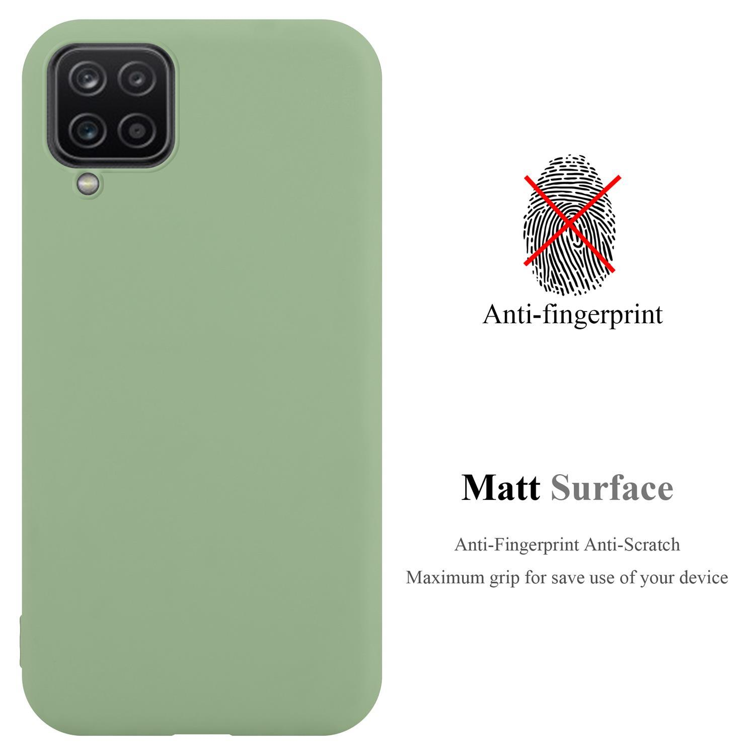 Custodia per telefono verde con testo anti-impronta e un simbolo di impronta digitale con una X rossa. Superficie opaca.