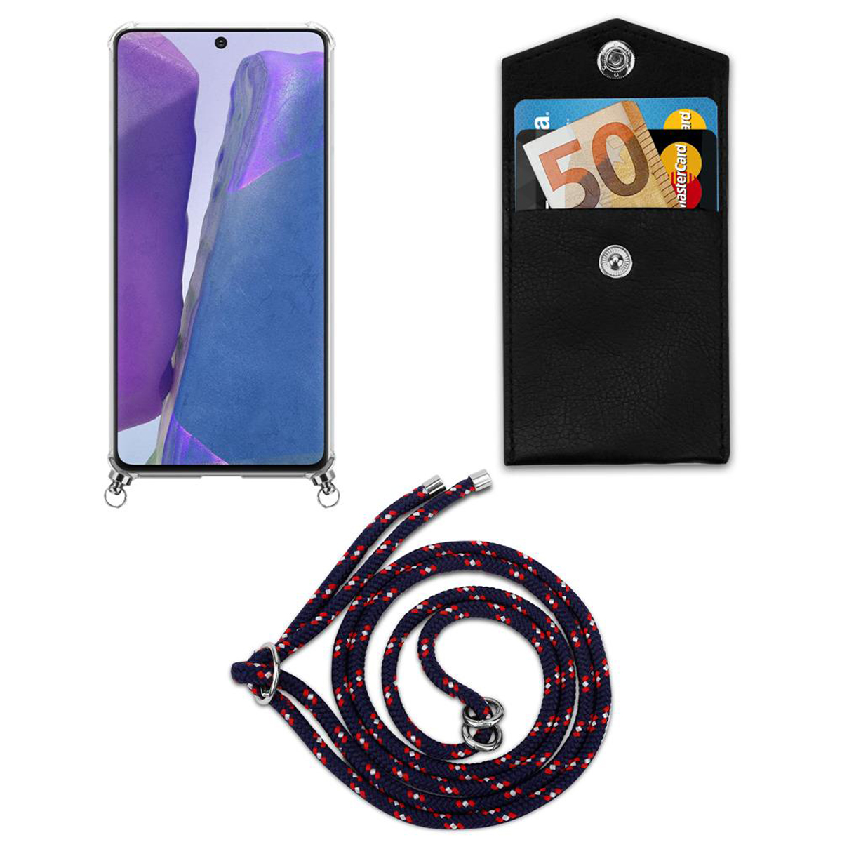 Telefono, porta carte nero con carte e cordino blu navy e rosso su sfondo bianco.
