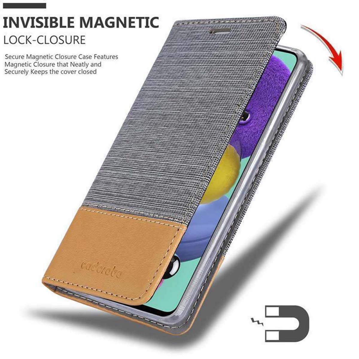Una custodia per telefono è aperta, mostrando il telefono all'interno. La custodia ha un design marrone e grigio.