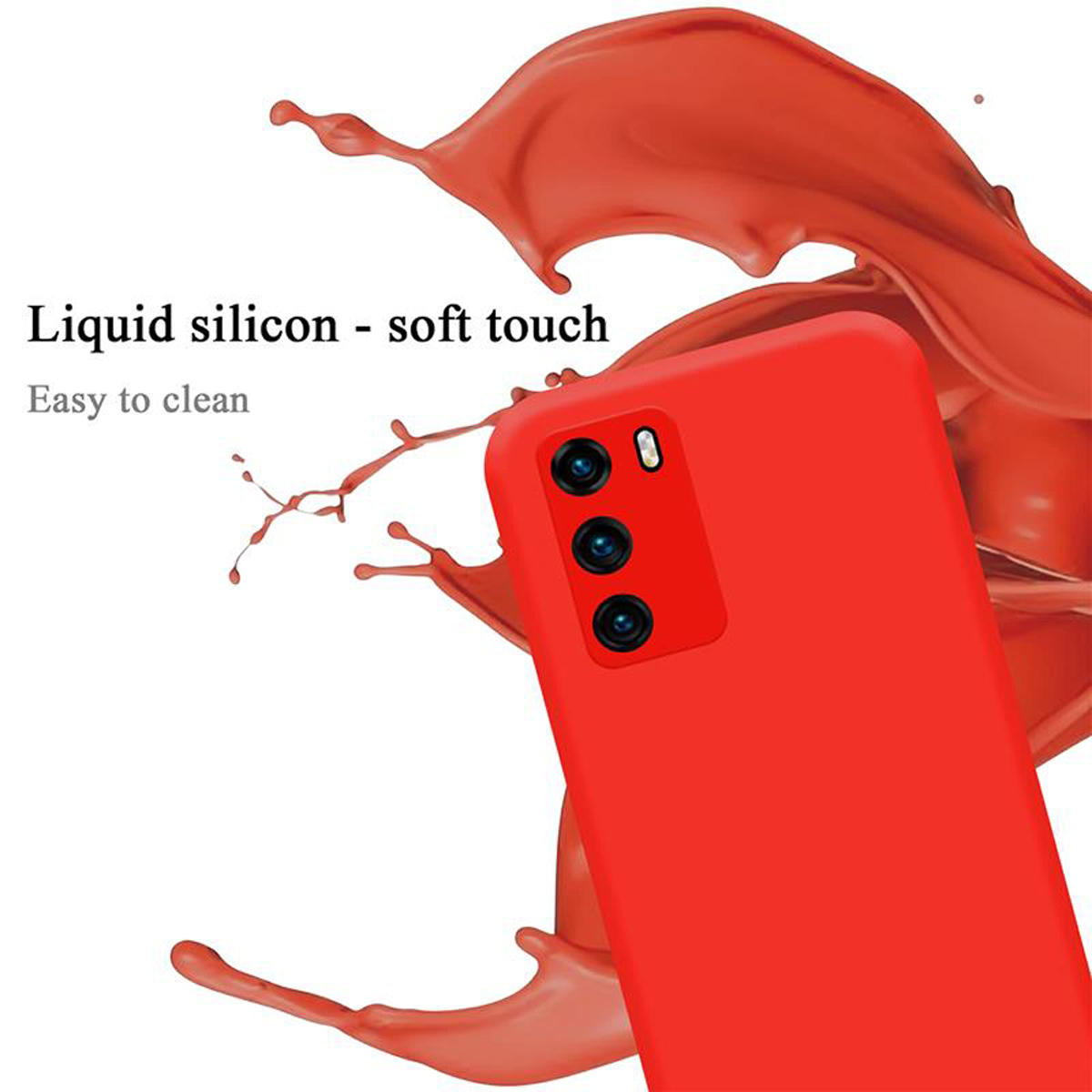 Custodia per telefono rossa con texture in silicone liquido. Immagine della fotocamera del telefono e delle sue funzioni.