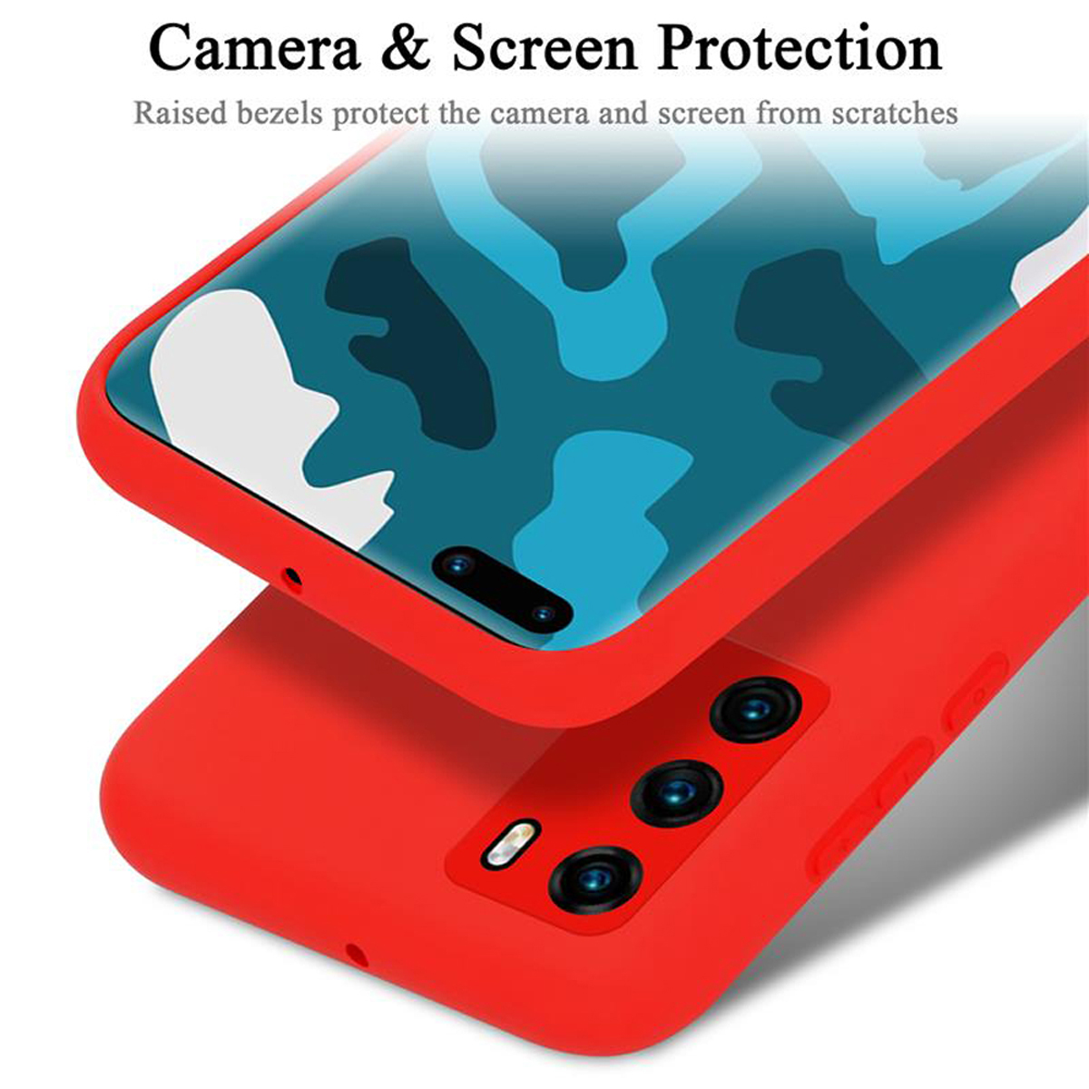 Una custodia per telefono con una cornice rossa protegge lo schermo del telefono. Il testo in alto dice 'Camera & Screen Protection'.
