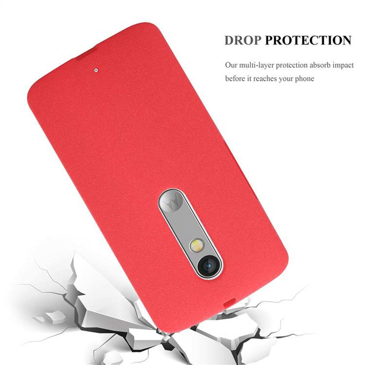 Custodia per telefono rossa con la scritta 'Drop Protection'. La custodia viene mostrata mentre cade e colpisce il suolo.