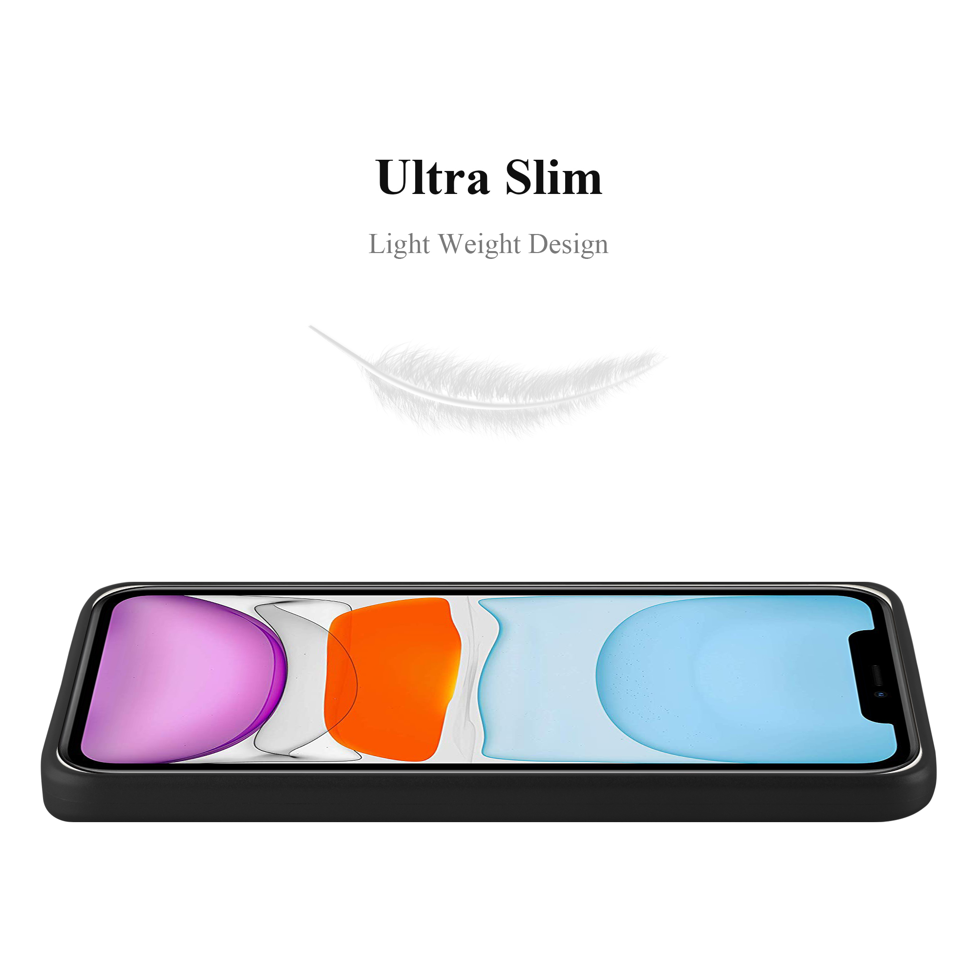 Schwarzes Telefon auf einer Hülle. Text lautet: 'Ultra Slim. Leichte Konstruktion.' Eine Feder befindet sich darüber.