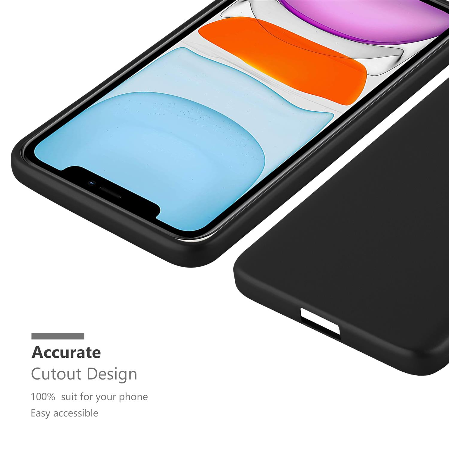 Schwarze Handyhülle mit Telefon. Text sagt "Genaues Ausschnittdesign" und "Leicht zugänglich".