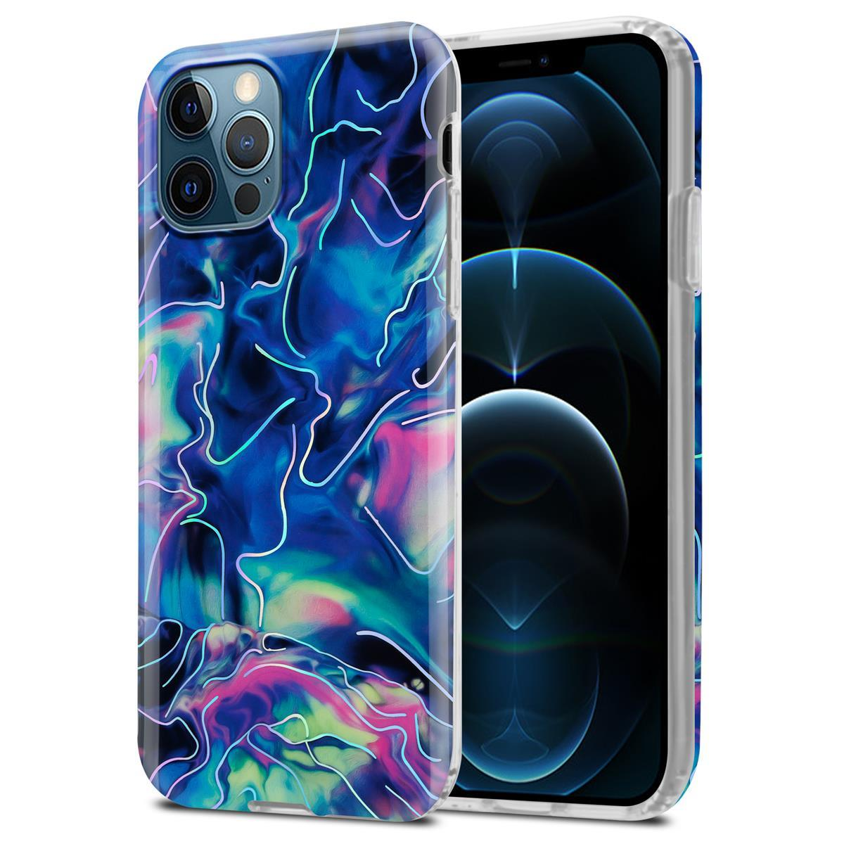 Blau, rosa und gelbe Handyhülle mit weißen Linien auf weißem Hintergrund.