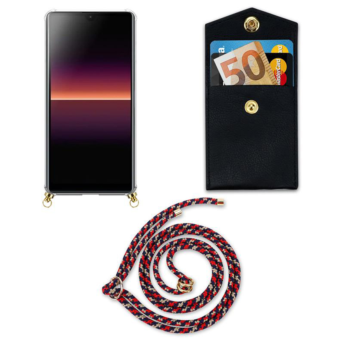 Telefono con cinturino e portafoglio. Il portafoglio contiene carte e contanti. Il telefono mostra una sfumatura di colore sullo schermo.