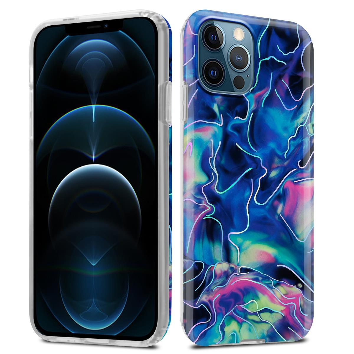 Zwei Telefone mit Hüllen. Eins zeigt den Bildschirm und die Rückseite, ein blaues und grünes abstraktes Design.