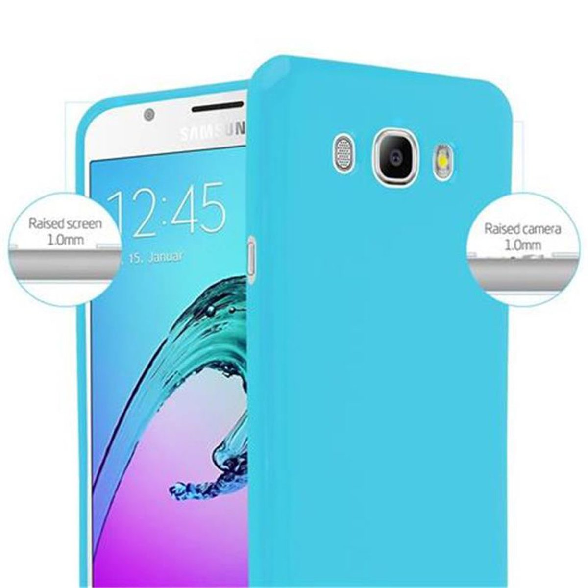Una funda de teléfono azul claro con pantalla y cámara elevadas, con especificaciones en el lateral.