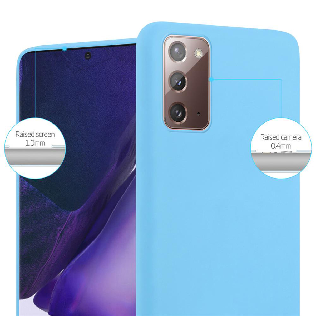Una custodia per telefono azzurra con dettagli della fotocamera e testo che indica schermo e fotocamera rialzati.