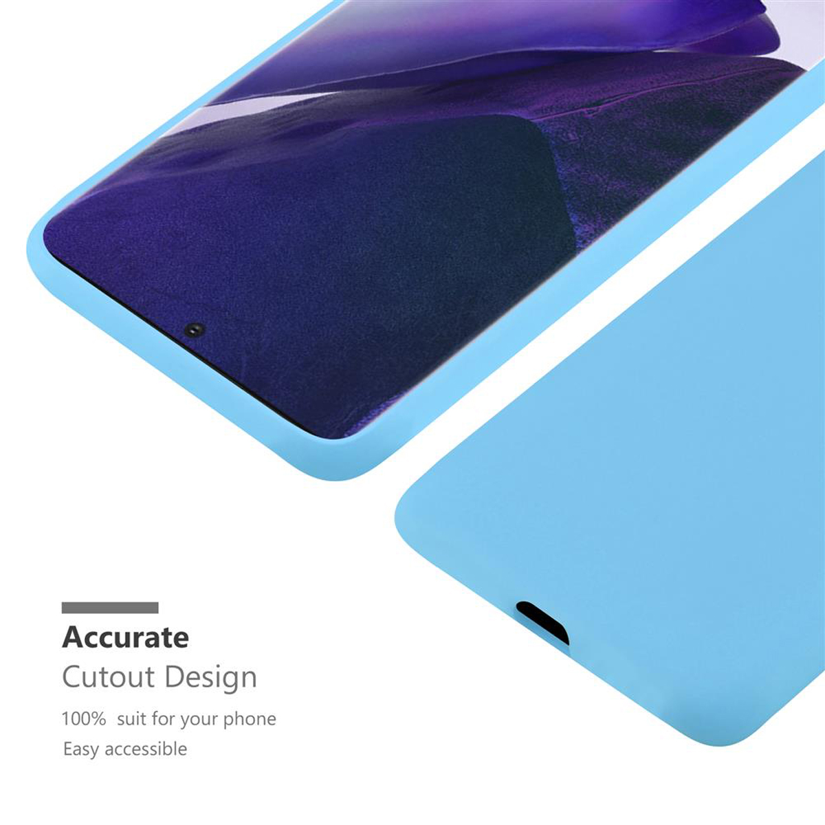 Custodia blu per telefono con telefono all'interno. Viene visualizzato il testo del design ritagliato.