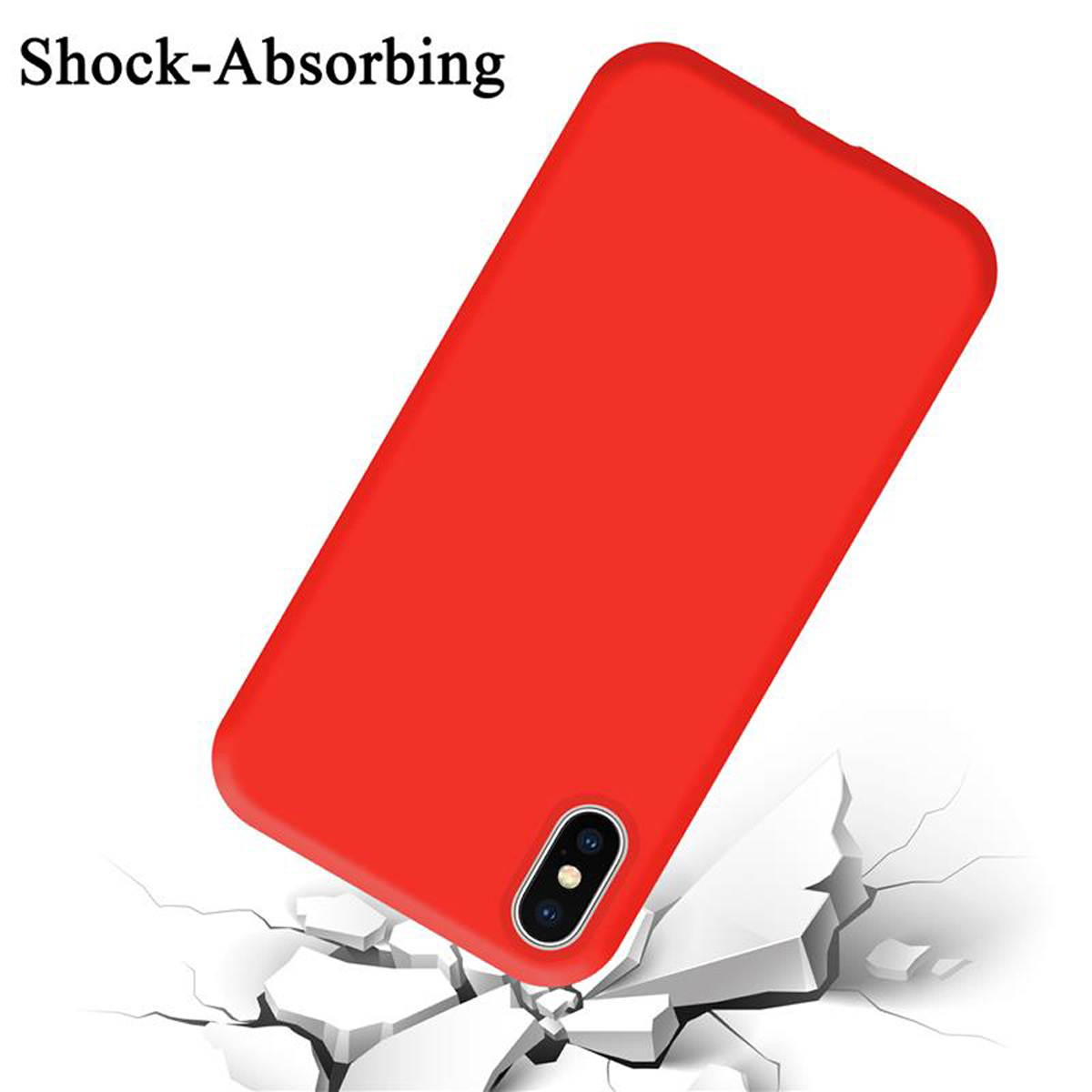 Rote Handyhülle mit Kameraausschnitt auf zerbrochener weißer Oberfläche, Text 'Shock-Absorbing'.