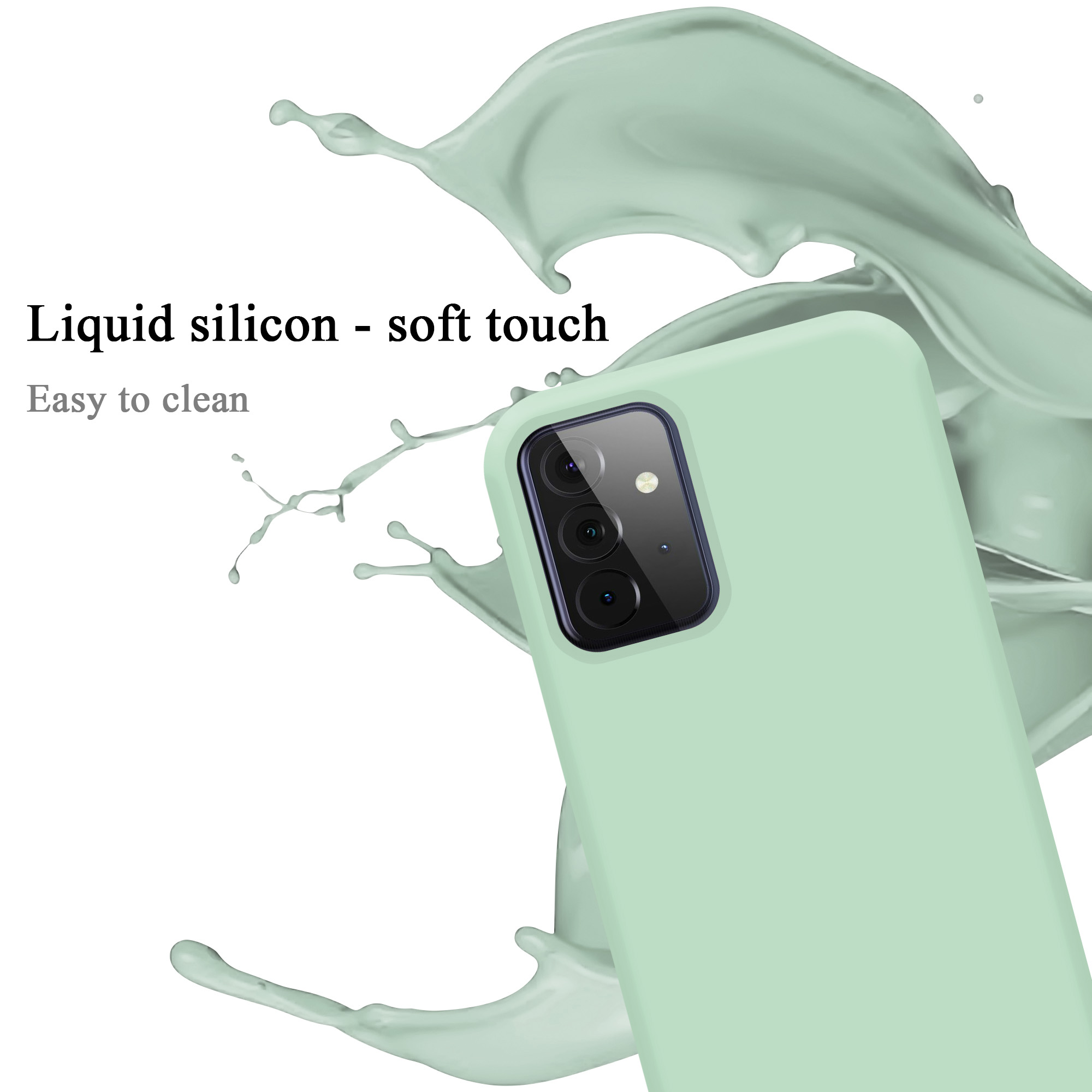 Eine hellgrüne Handyhülle mit einem Spritzer grüner Flüssigkeit. Text: „Flüssiges Silikon – Soft Touch“ und „Leicht zu reinigen“.