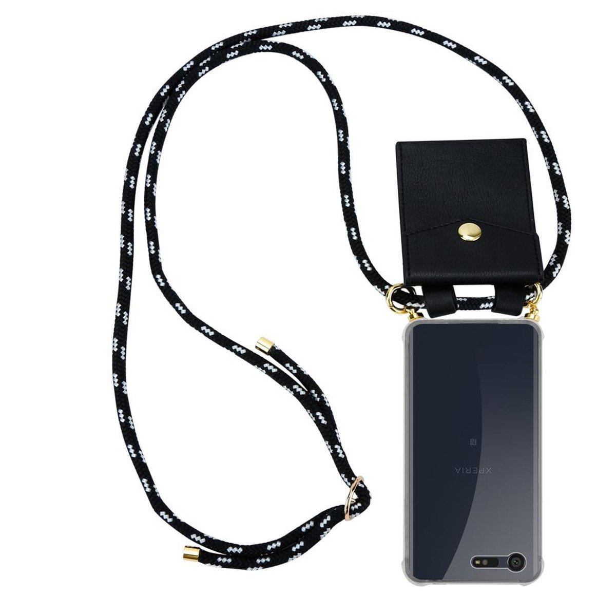 Funda de teléfono con cordón. Cuerda blanca y negra, funda negra, teléfono transparente.