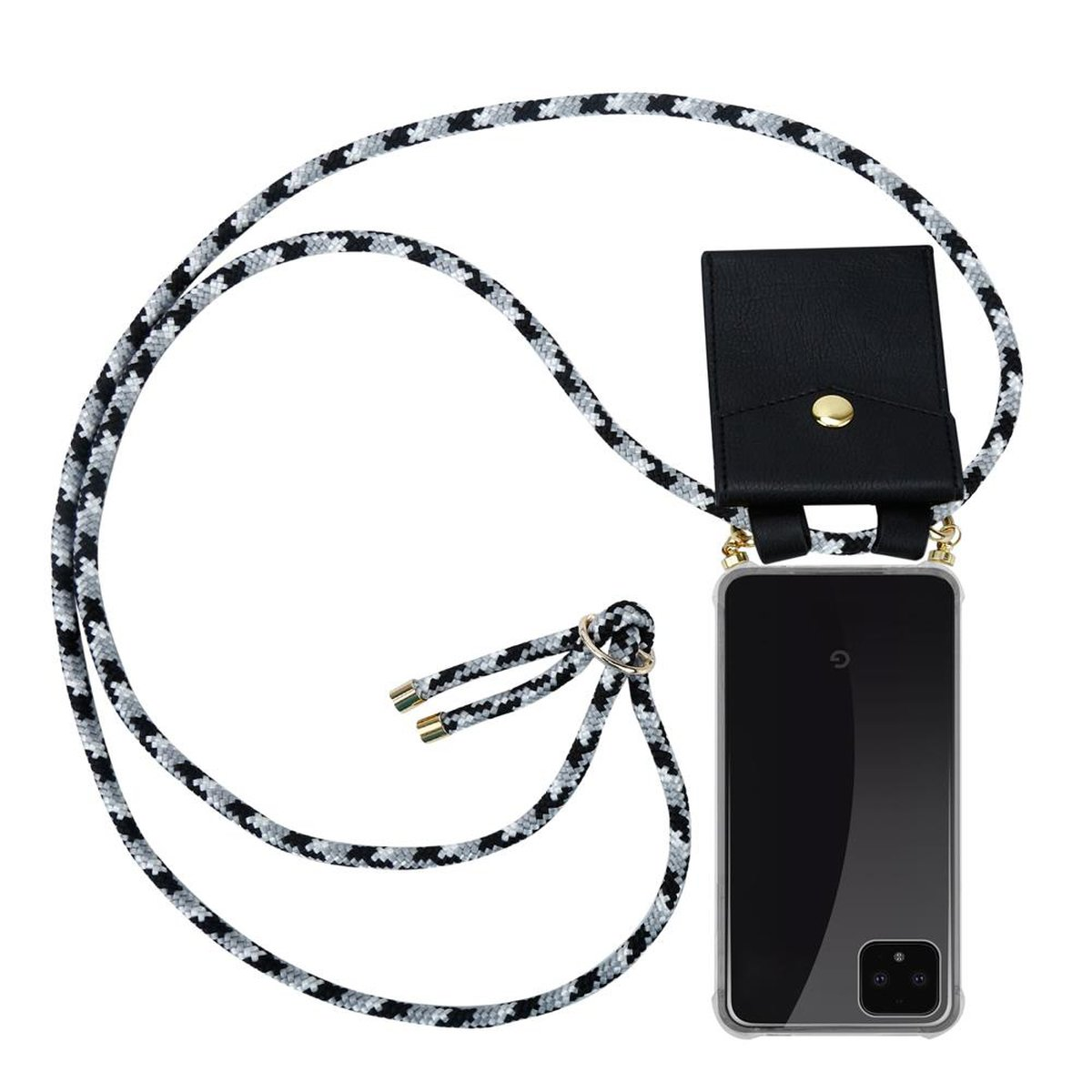 Handyhülle mit schwarz-weißer Kordel. Eine schwarze Tasche ist am Telefon befestigt. Weißer Hintergrund.