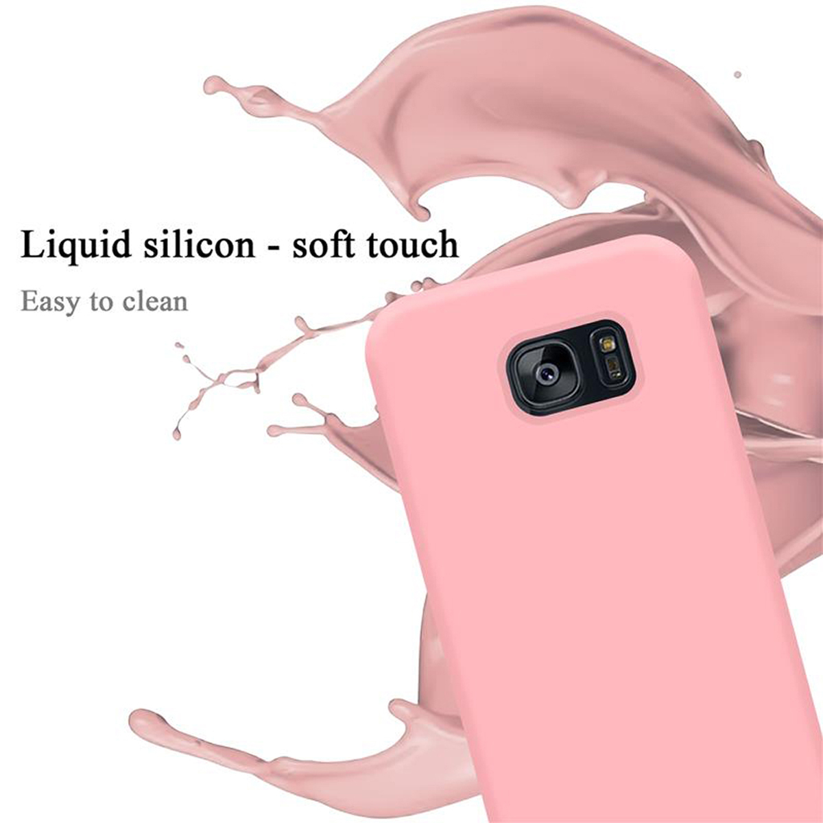Eine rosa Handyhülle und ein Telefon. Die Hülle liegt neben einem rosa Flüssigkeitsspritzer.