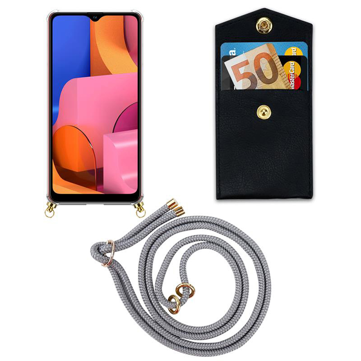 CADORABO Handy Kette Hülle, Samsung, mit Kordel Backcover, abnehmbarer SILBER Band A21, Gold Galaxy Ringen, und GRAU