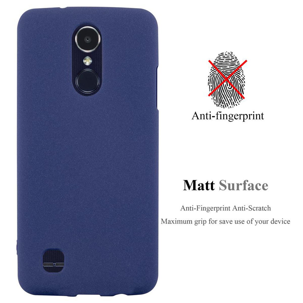 Una custodia blu per telefono. Il testo dice Anti-impronte e Superficie opaca.