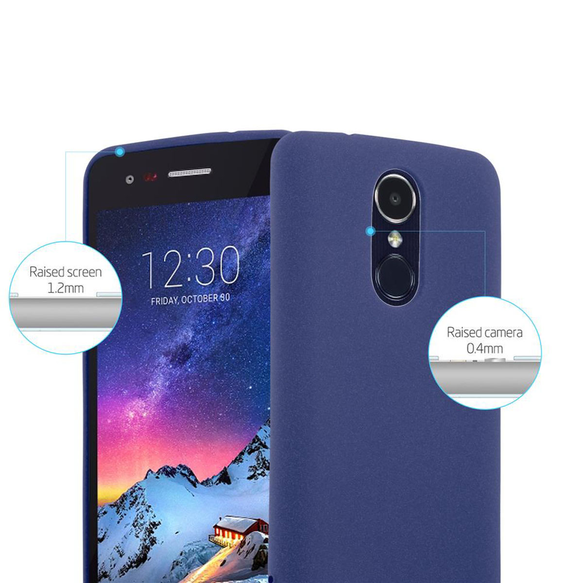 Custodia blu con un telefono. Il diagramma mostra le aree rialzate dello schermo e della fotocamera.