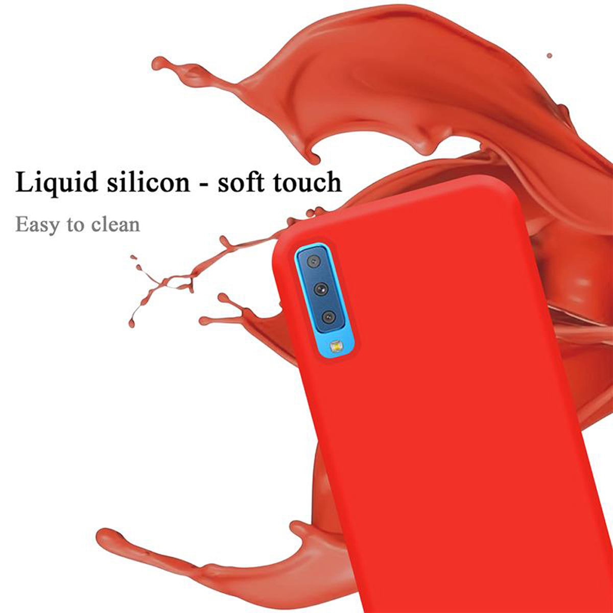 Una custodia rossa per telefono con un telefono all'interno e testo che descrive il silicone liquido e la facile pulizia.