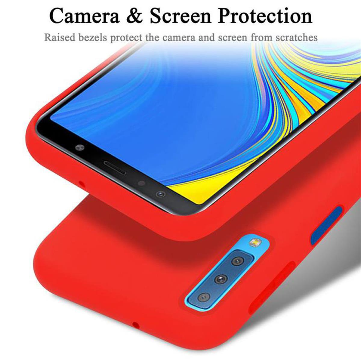 Custodia per telefono rossa con bordi rialzati che proteggono schermo e fotocamera. Il telefono è blu. Lo sfondo è bianco.
