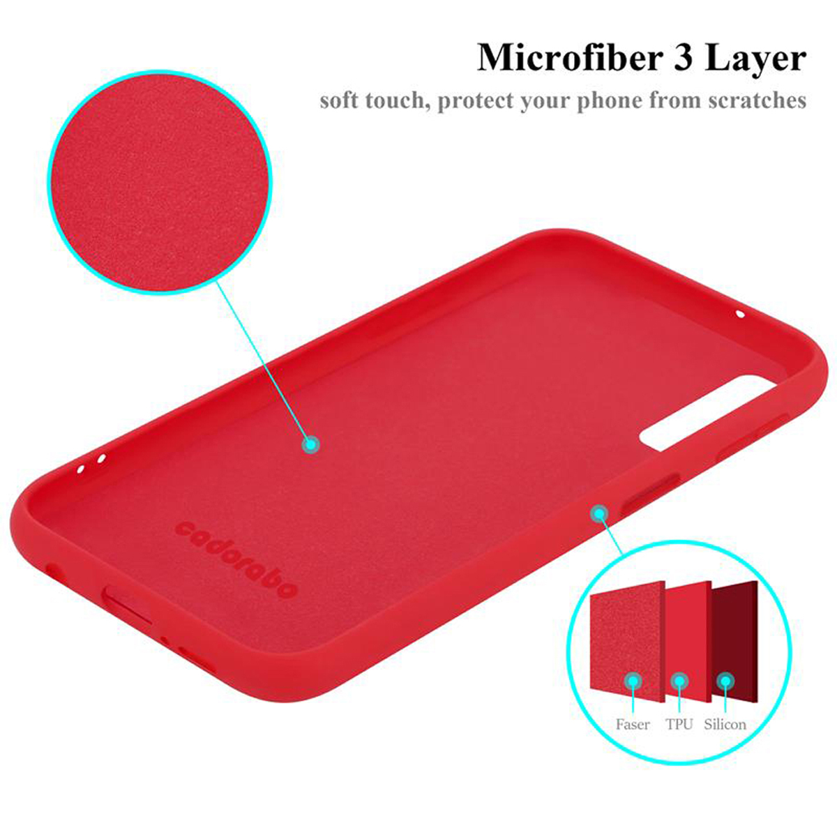 Interno della custodia del telefono rosso con testo: Microfibra 3 strati. Sono mostrati tre strati.