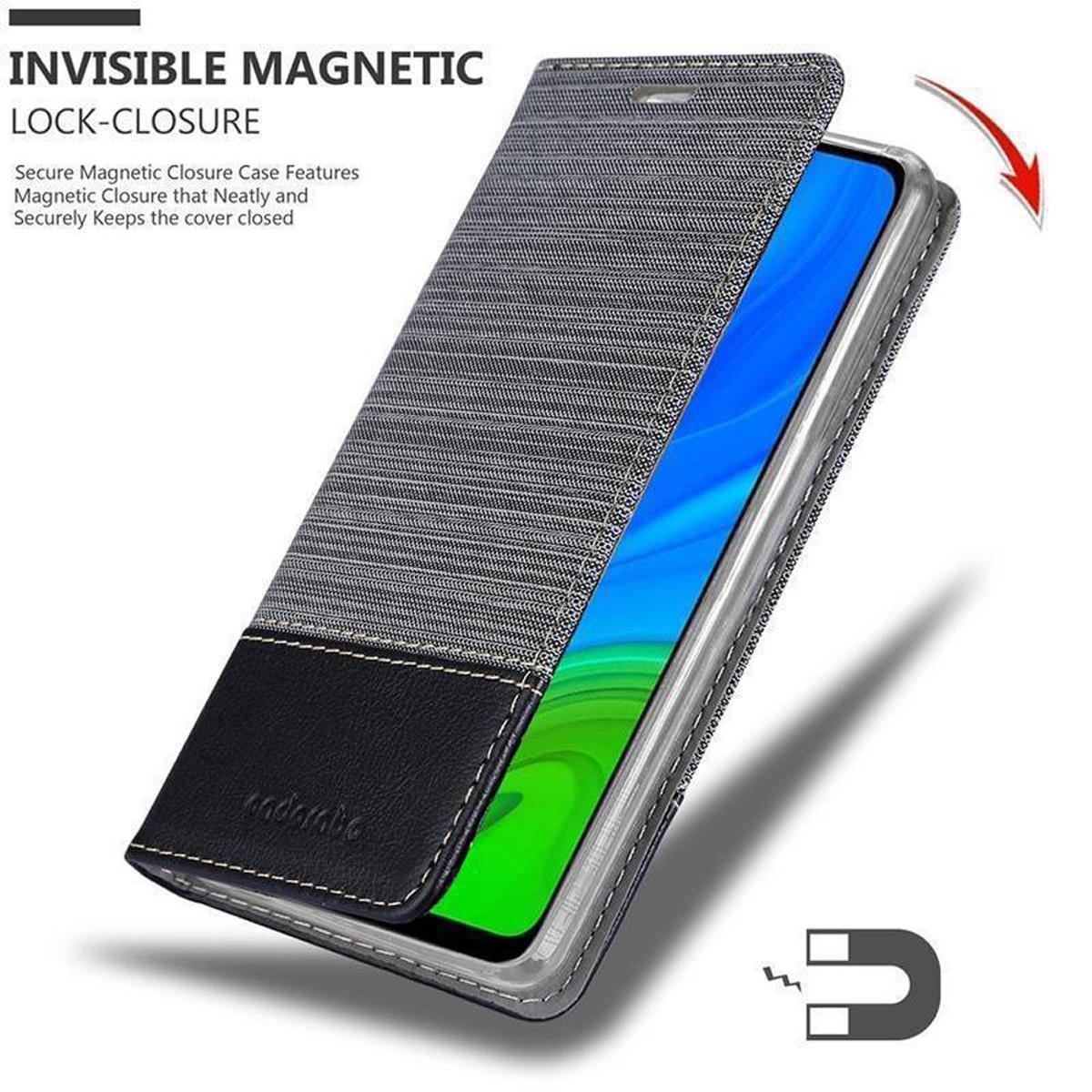 Una custodia per telefono con chiusura magnetica. La custodia è grigia e nera, con un fronte nero simile alla pelle.