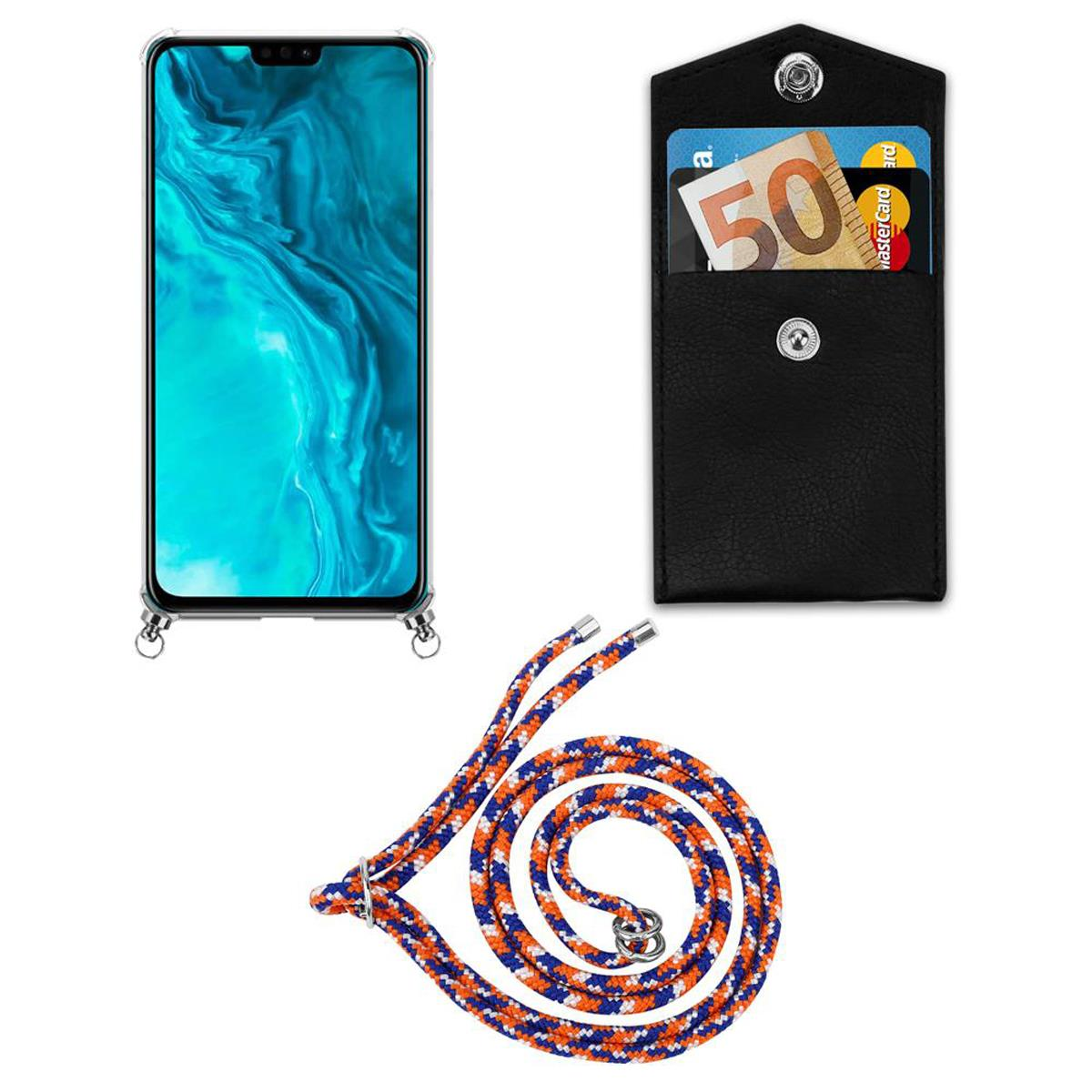 Telefono con cordino, portafoglio nero e corda blu, arancione e bianca.
