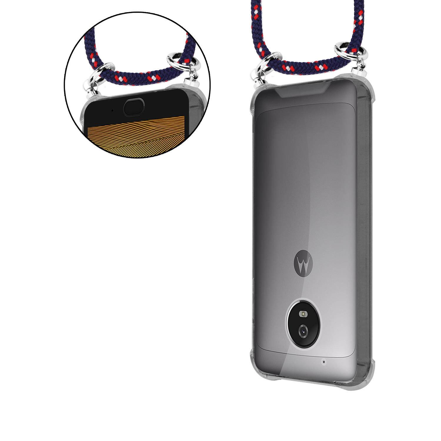 Ein Telefon in einer Hülle mit einem rot-weiß-blauen Lanyard. Der Hintergrund ist weiß.