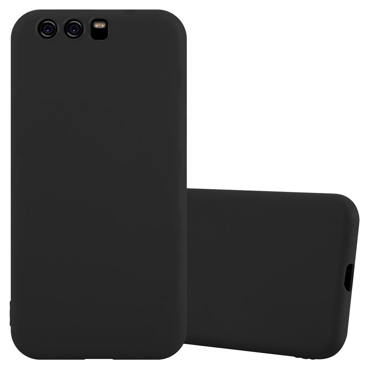 Una funda de teléfono negra con el teléfono dentro. Dos cámaras en la parte superior.