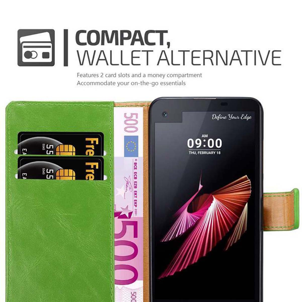 Ein Telefon in einer grünen Hülle. Der Koffer hat Schlitze für Karten und Geld.